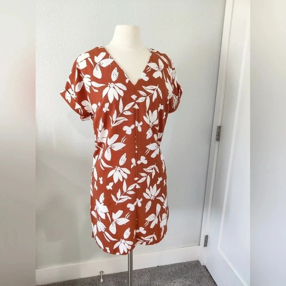 Rust Floral Print Short Sleeve Dress